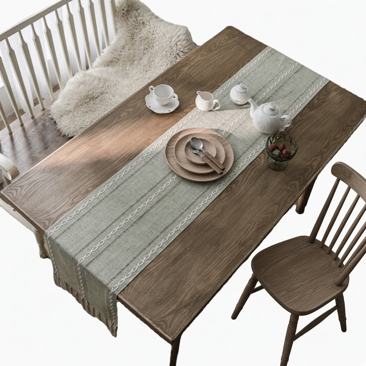 Decorative Table Runner with Openwork Border and Tassel Fringe